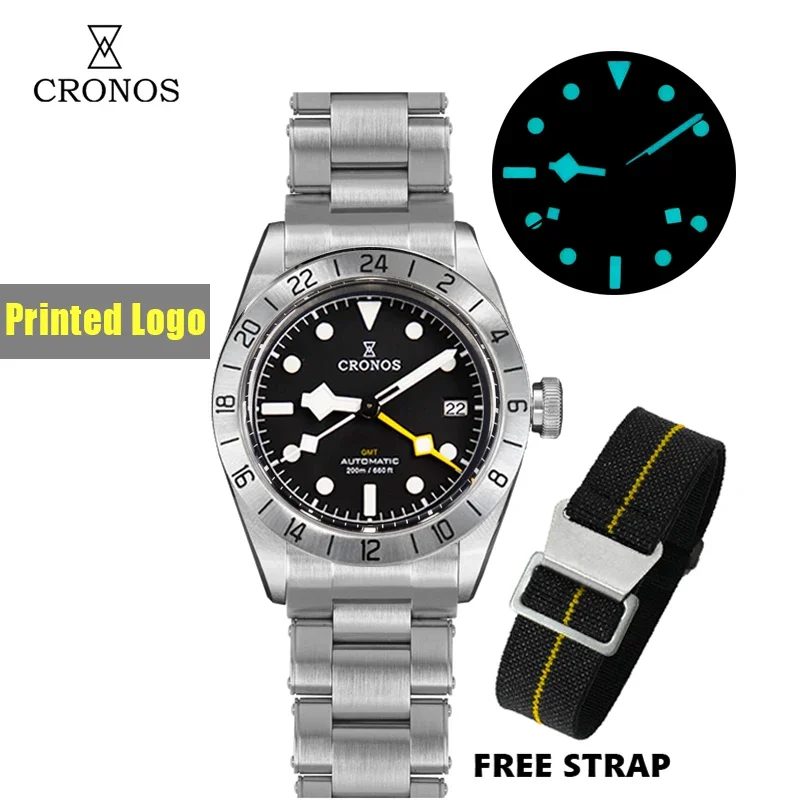 Cronos Vintage GMT 39mm NH34 Automatic Men Watch Mechanical Sapphire Glass Date Window BGW9 LUM Leather Strap Bracelet L6022M