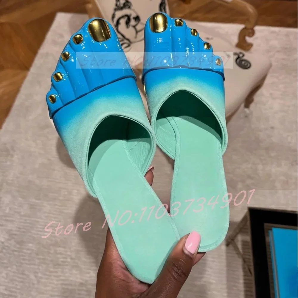 Blue Splicing Stiletto Mules Women Novelty Golden Five-Finger Round Toe High Heels Slippers Female Outside Party Runway Slippers