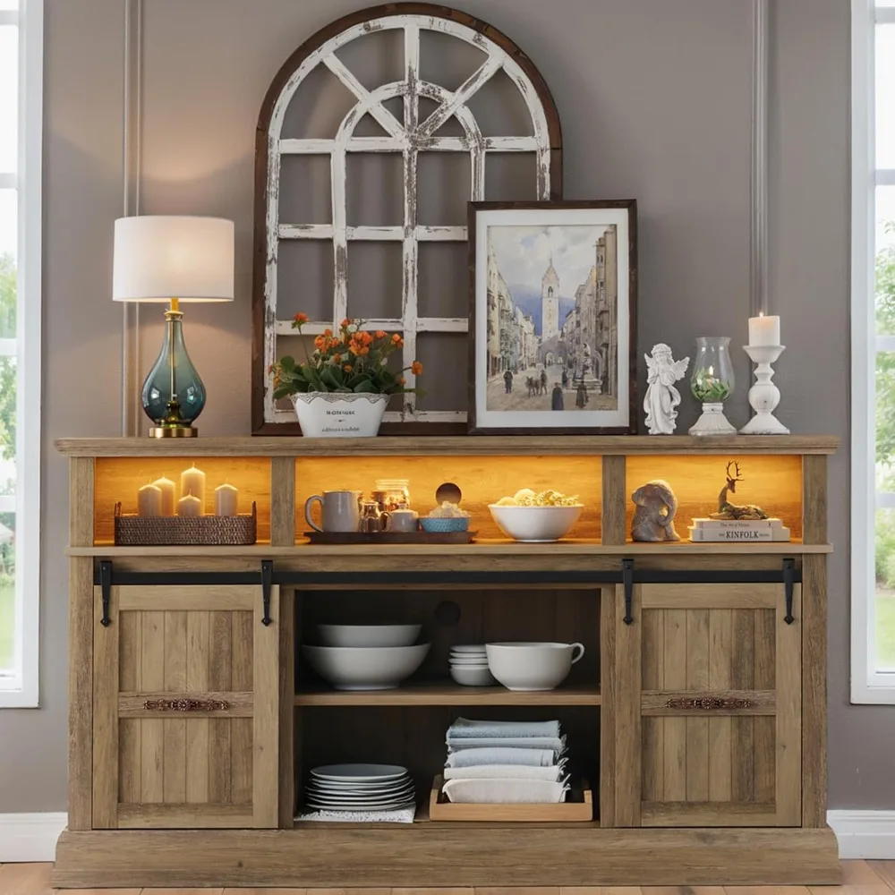 

Sideboard Buffet Cabinet, 58" Kitchen Cabinet with LED Lights and Sliding Barn Doors, Farmhouse Coffee Table Bar Station Wood Bu