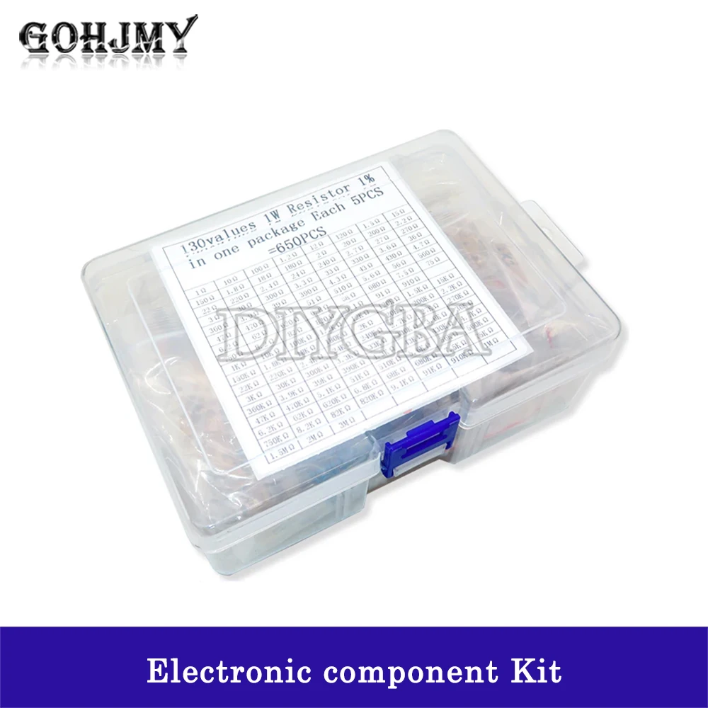 650PCS/Set 1W 1% Metal Film Resistors Assorted Pack Kit Set Lot Resistors Assortment Kits + Box 130 Values X 5pcs