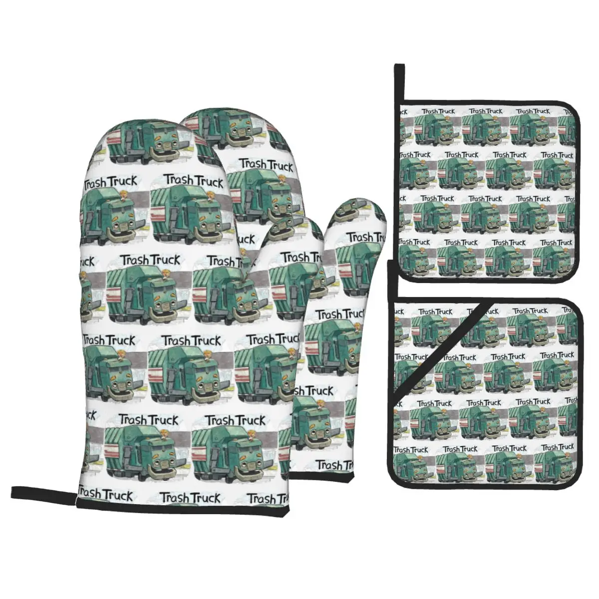 Trash Truck Cartoon Netflix Oven Mitts and Pot Holder Sets of 4 for Baking Kitchen Cooking Grilling Resistant Non-Slip Gloves
