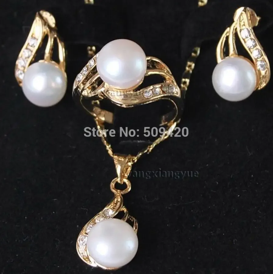 

Genuine White Akoya Cultured Pearl ring earrings Necklace Pendant Set AAA