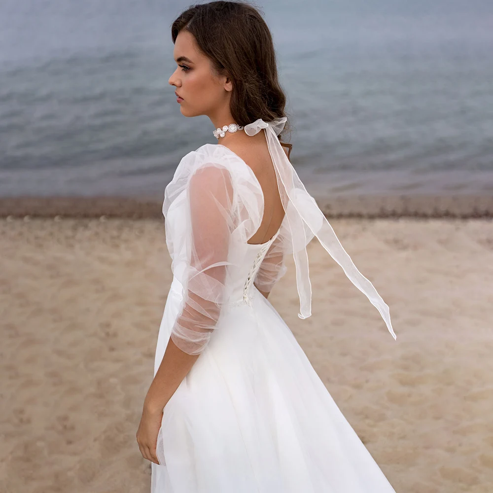 Sexy Chiffon Beach a-line Boho senza spalline maniche staccabili abito da sposa sposa semplice Backless Lace Up Robe De Marie per le donne