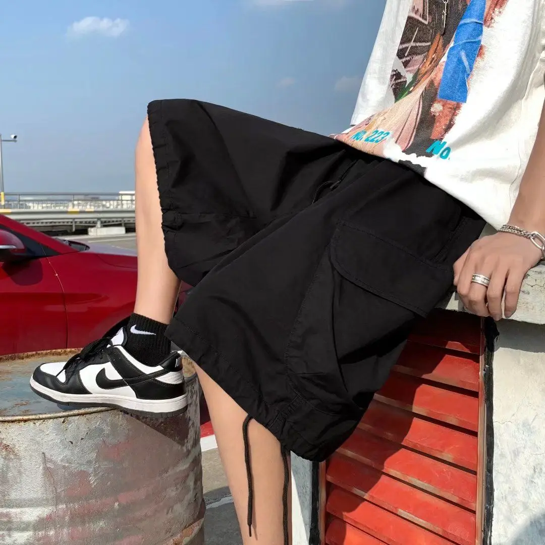 Khaki 7-point Men Summer Thin Japanese Workwear Wide-leg Loose Over-knee Shorts