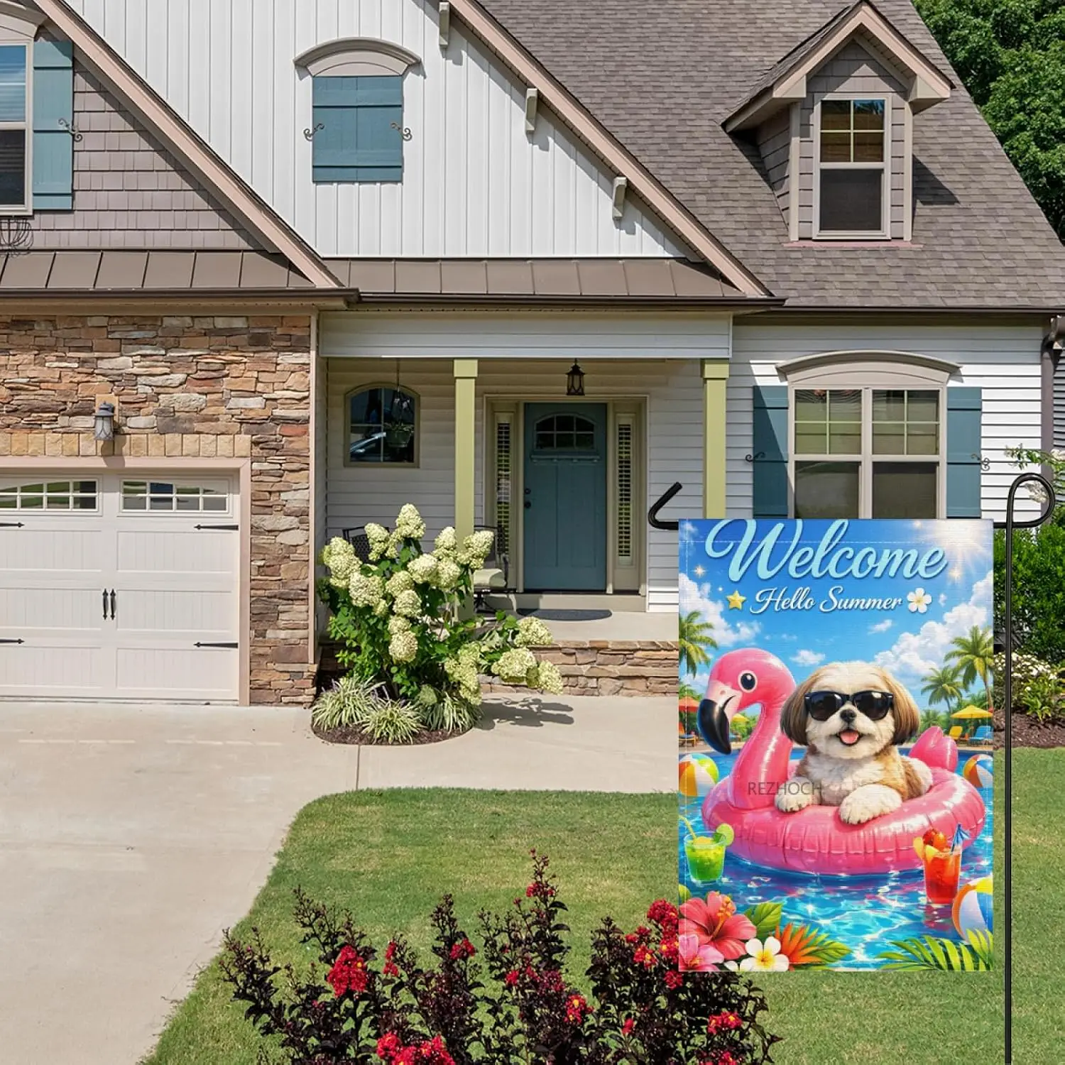 Welcome Hello Summer Funny Shih Tzu Dog Garden Flag 28x40 Inch Double Sided,Cute Animal Pool Party Flamingo Float Outdoor Ya yyi
