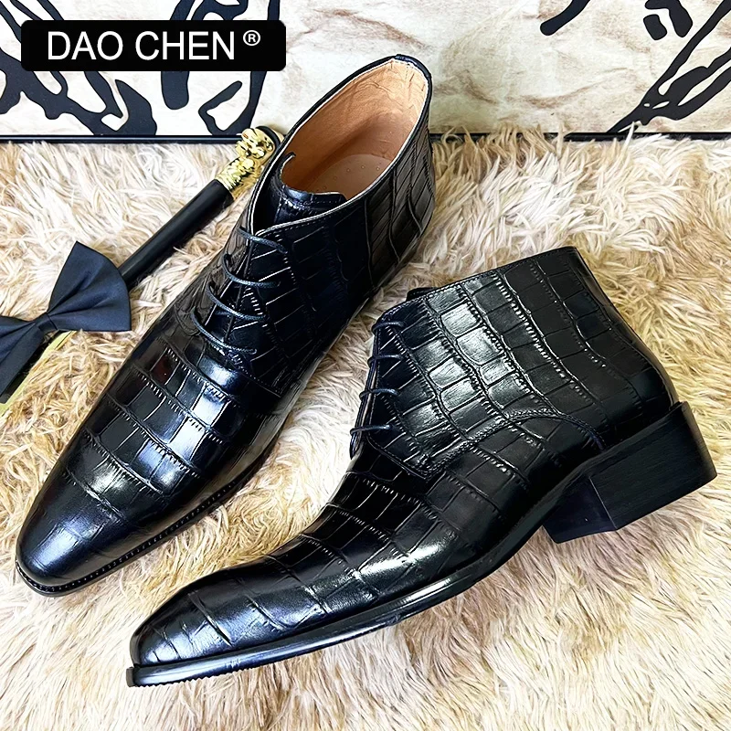 LUXURY MEN\'S BOOTS BLACK CROCODILE PRINT ANKLE BOOTS LACE UP MEN DRESS SHOE OFFICE WEDDING GENUINE LEATHER BOOTS FOR MEN