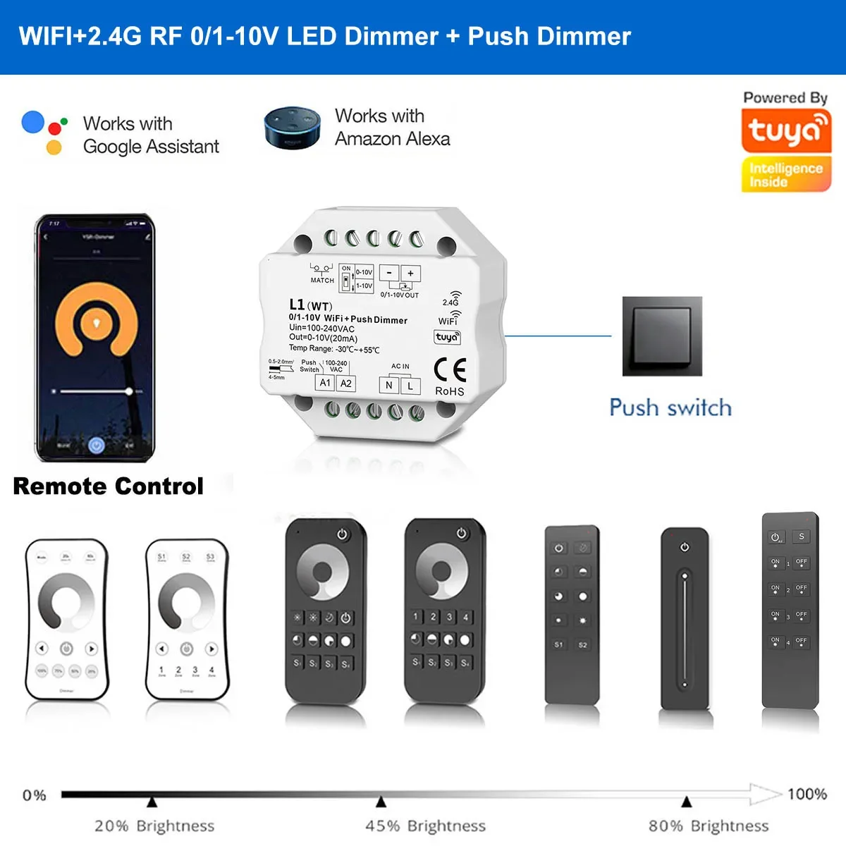 AC85V-220V L1 Wireless Tuya WIFI Push Switch 0-10V 1-10V Dimmer Controller + 2.4G RF Touch dimming Remote For LED Dimmable Drive