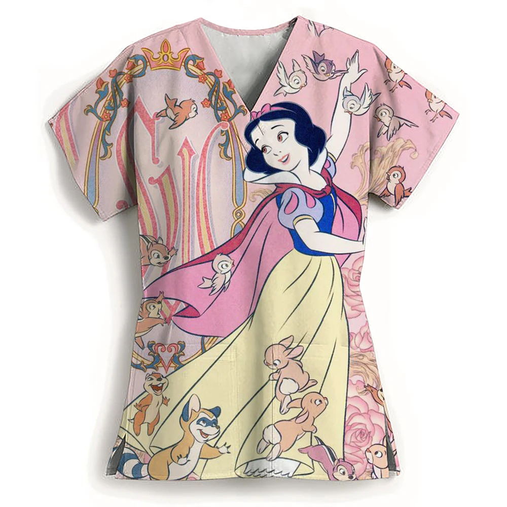 Pocket Disney Princess Women's V Neck Nurse Uniform T-Shirt Youthful Woman Clothes Summer Short Sleeve Y2k New Dress Kawaii 2024