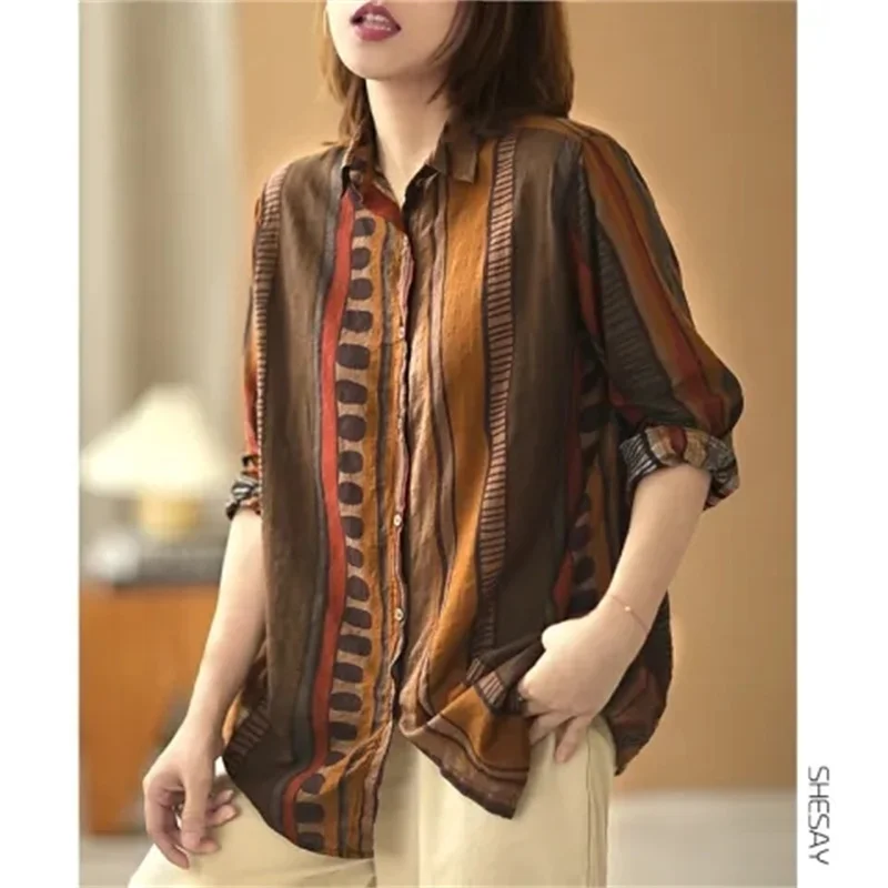 

Retro Femme Printing Cardigan Blouse Jacket Spring Autumn Ladies Linen-cotton Top Outwear Middle Aged Mother Casual Shirts Coat