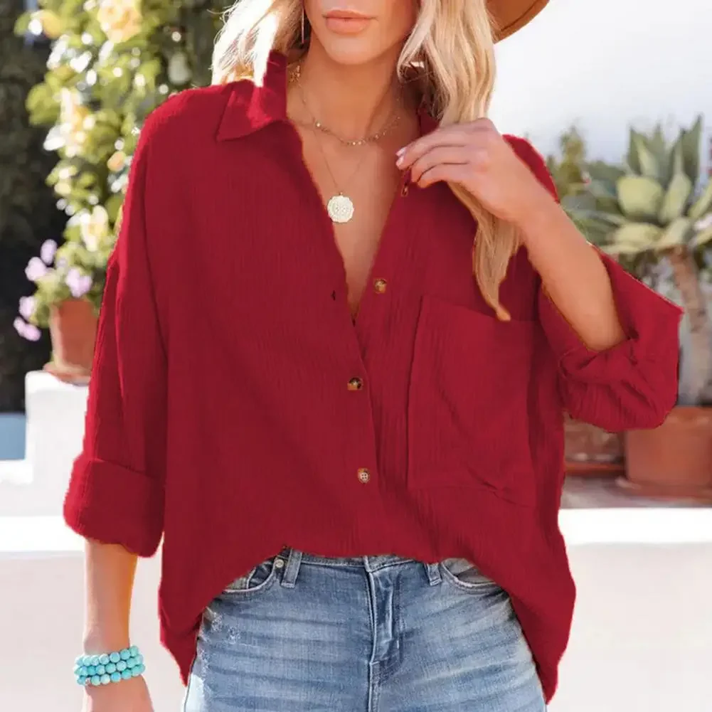 Patch Pocket Top Soft Women Top Soft Breathable Women's Lapel Blouse Loose Fit Long Sleeve Solid Color Casual for Fall/spring