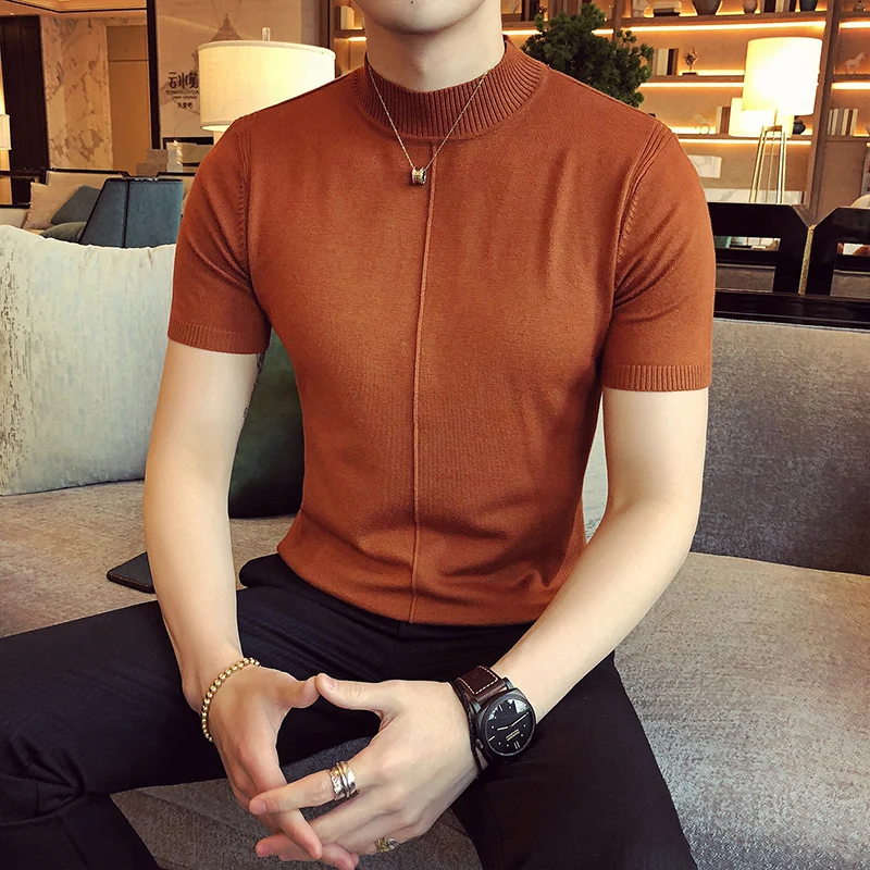 Autumn Winter Sweater Men Fashion Plain Color Short Sleeve Men's Casual Sweaters Slim Fit Half High Collar Knitted Pull Homme