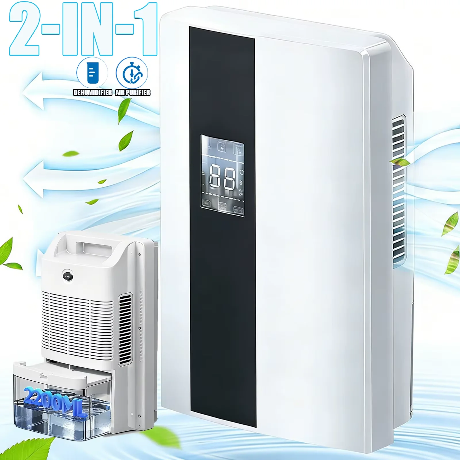 Deshumidificador Purificador de Aire 2 en 1, Ultra Silencioso, Portátil, Absorbe la Humedad, para el Hogar, Dormitorio, Sótano, Baño, Elimina el Moho
