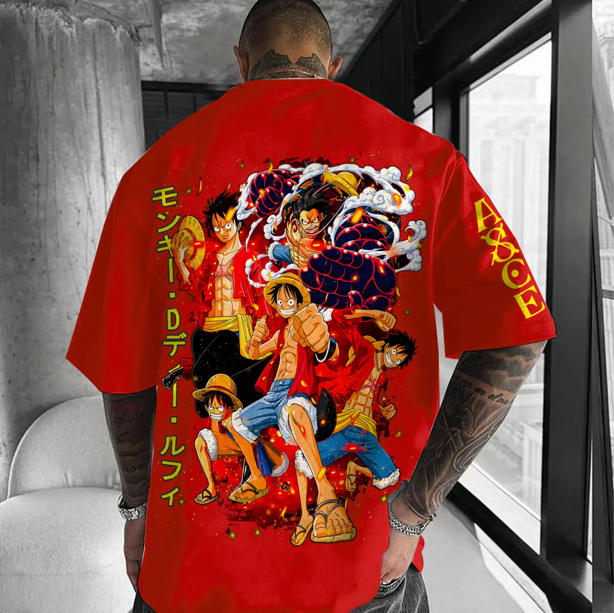 

One Piece Luffy Printed Cotton Short-sleeved American Loose Men's and Women's Summer Breathable Sports Round-neck T-shirt