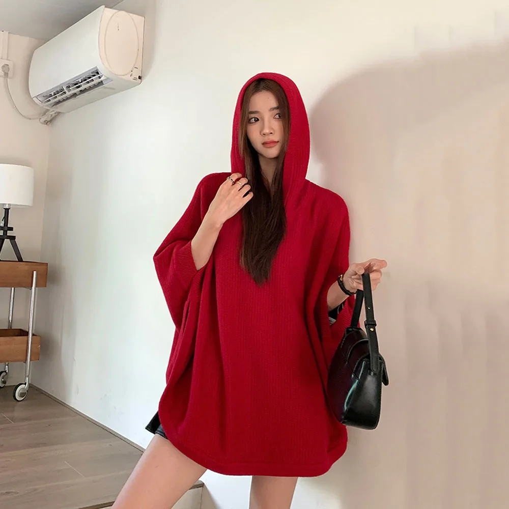 2024 Spring Autumn New Hooded Capes Ladies Fashion Batwing Sweater Pullovers Loose Streetwear Woman Cloaks Casual Red Shawls