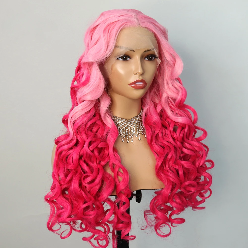 Ombre Pink Colored Synthetic High Temperature Fibe Lace Front Pre Plucked Glueless Body Wave Wigs