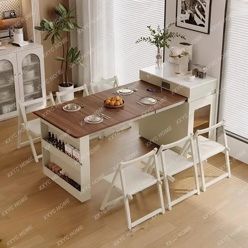 X ​​Foldable & Extendable Solid Wood Narrow Kitchen Island Multifunctional Compact Cream Dining Table Cabinet Small Space