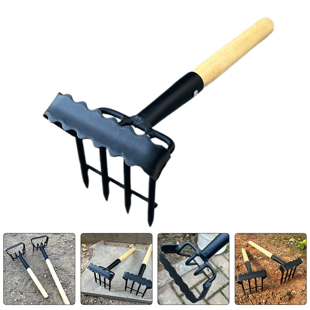 

Garden Hand Rake Small Metal Wood Handle Weed Cultivator For Planting Trees Flower Beds Soil Loosening Lightweight Tool