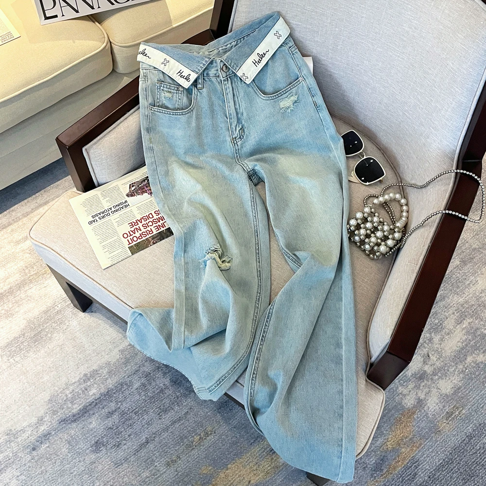 Summer slim design with flip letter waistband, high waist, loose and slimming jeans, long pants, wide leg pants