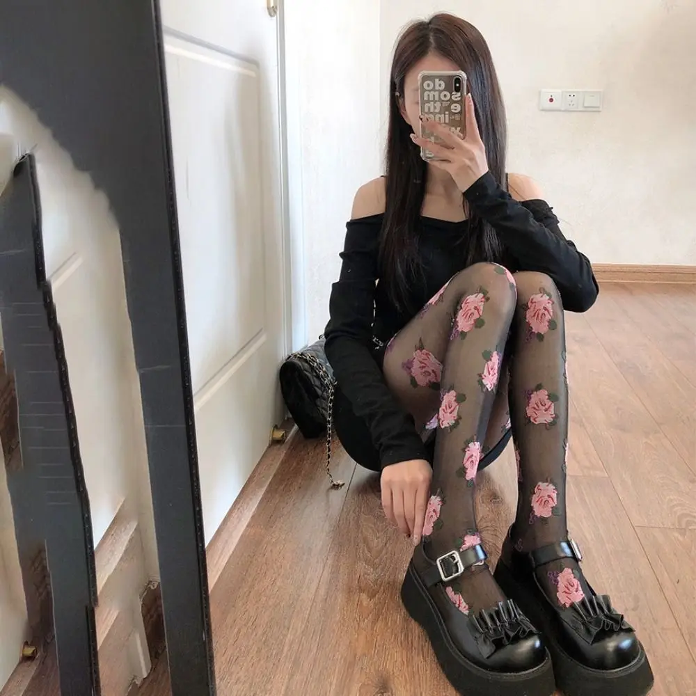 

Female Hosiery Embroidery Lolita Stockings Pink/Black Rose Floral Tights Thin Mesh Pantyhose Girls