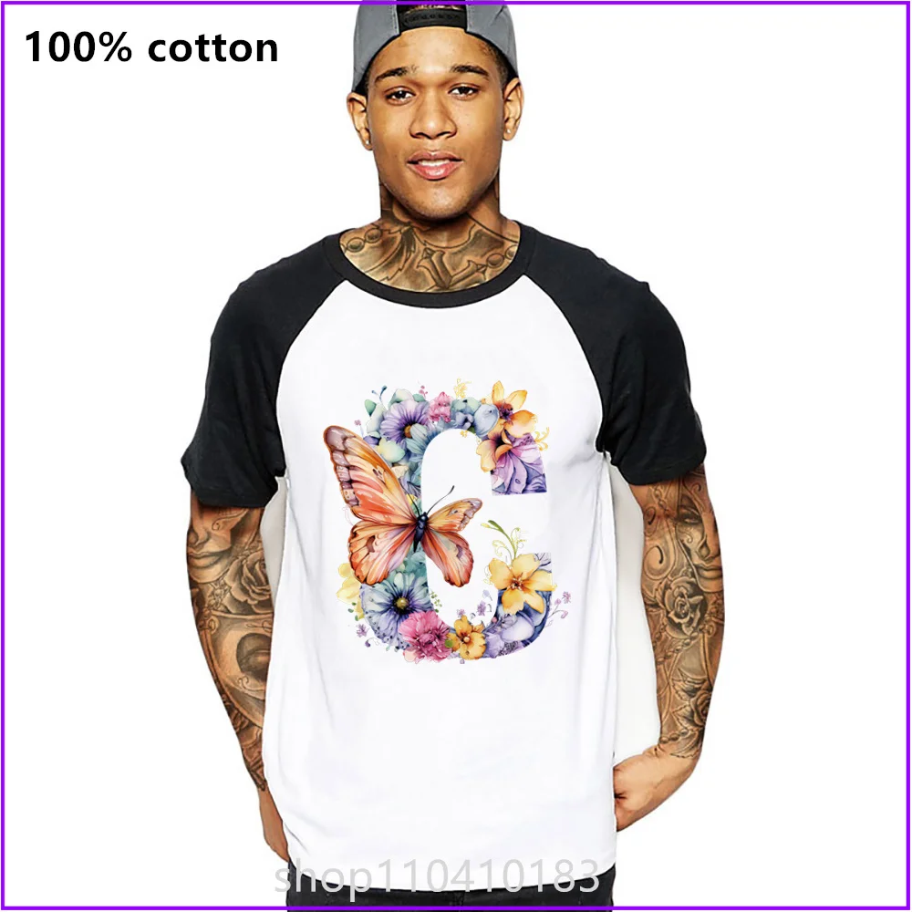 Acuarela letra C con una mariposa y flores rosas T Shirts For Men's Women Tshirt T-Shirt sports short clothes streetwear gym pla