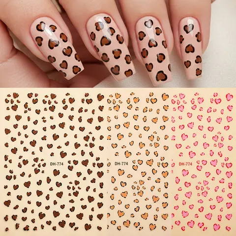 3 Colors Leopard Print 3D Nail Art Stickers Heart Shaped Cute Leopard Nail Decals Adhesive DIY Nail Art Decorations Wraps Slider