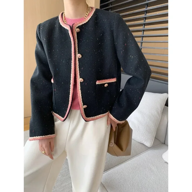 

Black O Neck with Contrasting Edges Small Fragrance Short Coat Autumn Winter 2024 Loose Casual Sweet Tweed Office Lady Coat