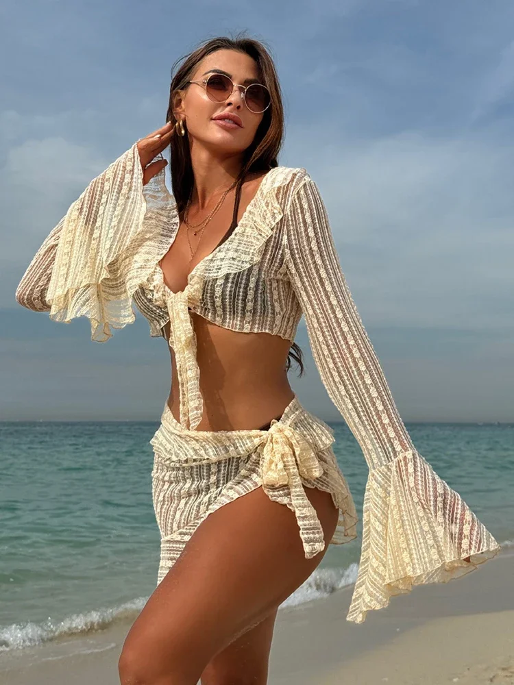 Bikini Set donna manica lunga costume da bagno in pizzo solido coulisse costume da bagno asimmetrico Beach Dress manica svasata Beachwear