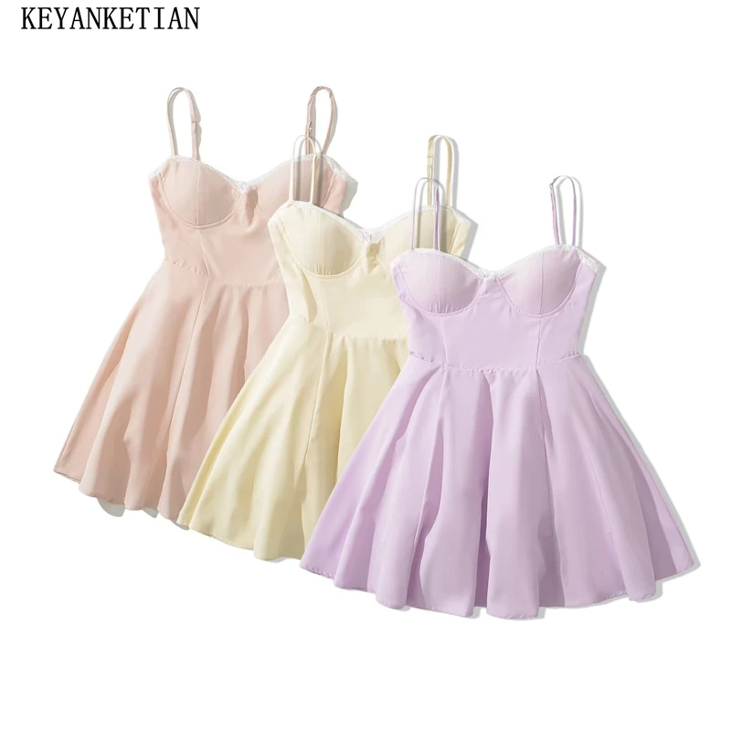 

KEYANKETIAN 2024 New Launch Women's Lace Embellished Corset Halter Dress Summer Fresh Sweet Breast Pad Mini Dress Puffy Skirt