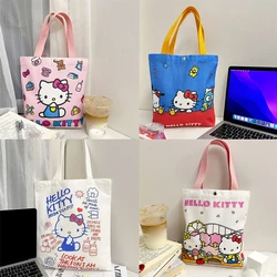 Cartoon Hello Kitty Canvas Bag Kawaii Sanrio Portable Handbag Large Capacity Women Shopping Bags Storage Bag