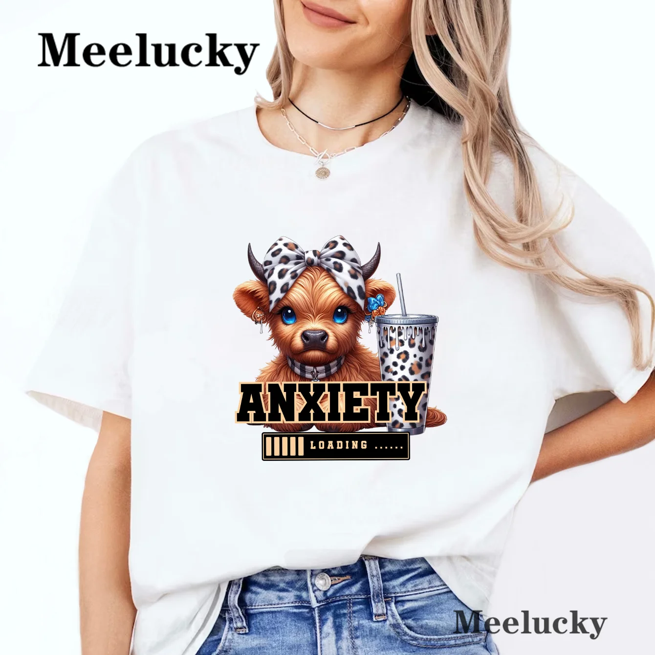 Cute Highland Cow Anxiety Loading T Shirt Women Cotton Short Sleeve Loose Casual Street Women\'s Clothing