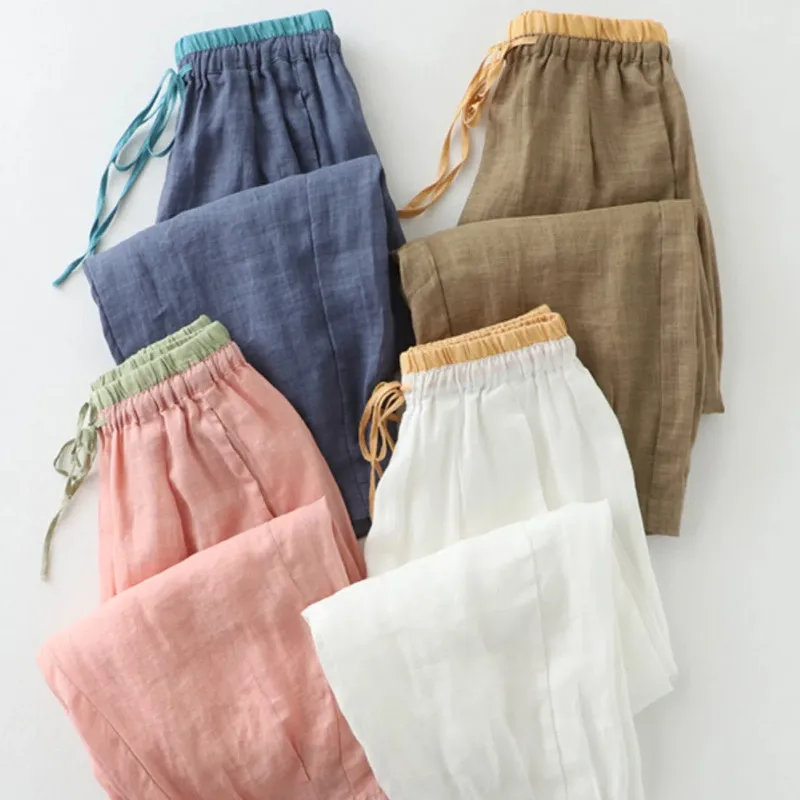 Childrens Summer Linen Nine Point Lantern Pants for Girls Loose Lace Up Contrasting Color Splicing Cotton Linen Harem Pants
