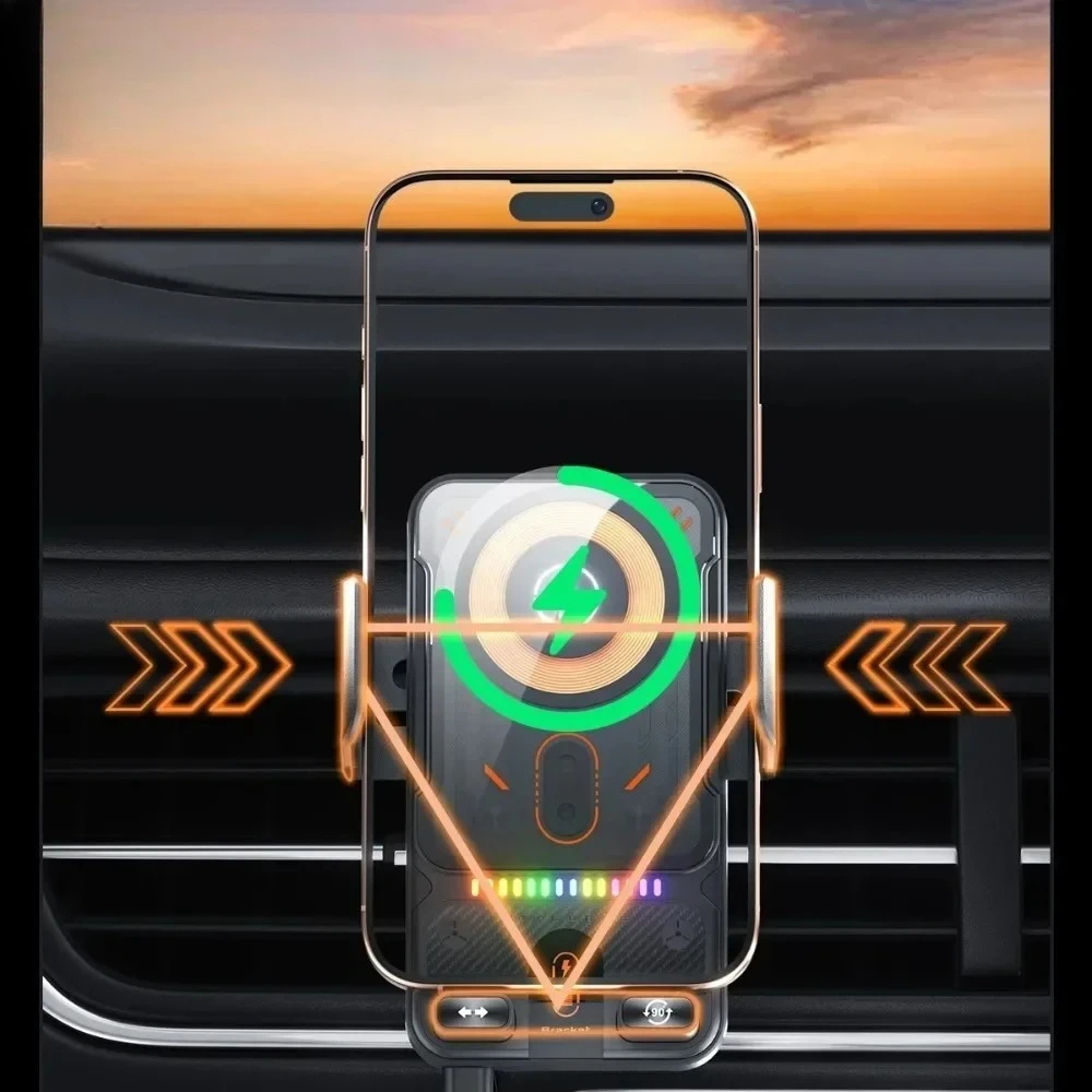 

Car Unicersal Air Vent Electric Rotating Opening Closing Phone Holder 15W Wireless Charger Dual Coil Smart Phones Fast Charging