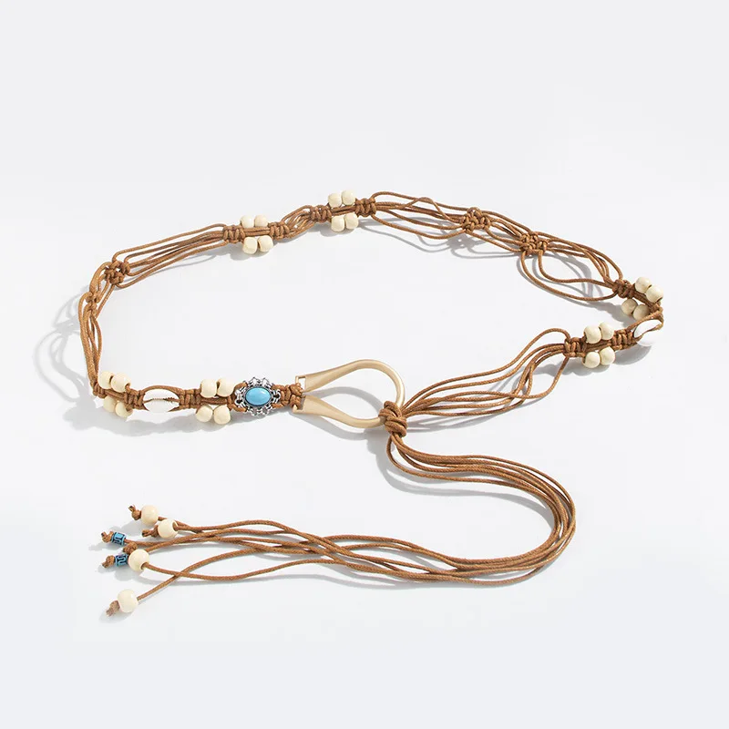 Bohemian Knotted Ethnic Handmade Wooden Bead Shell Women's Belt Casual Vacation Exquisite Waist Rope
