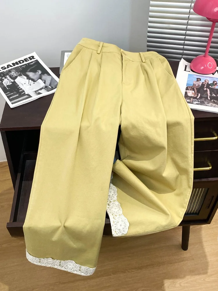 Retro Japanse Sle Werkkleding Wijde Pijpen Broek Dames Zomer Los Veelzijdig Hoge Taille Afslanken Kant Splitsen Recht Casual...