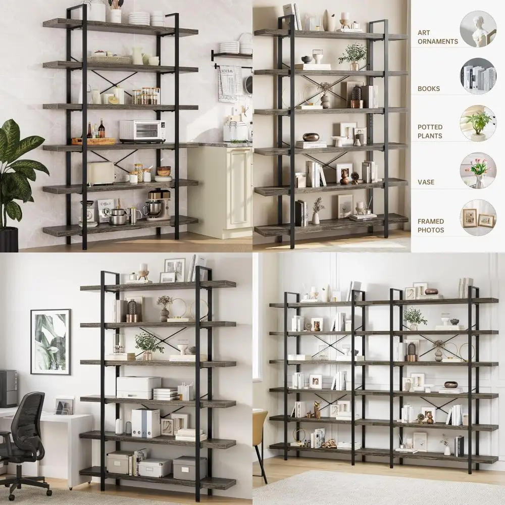 

Bookshel Set, Heavy Duty 6-Tier Industrial Bookcase, 47" Wide Wood Bookshel or Home Oice, 120lbs Shel acity, Rustic Open Display