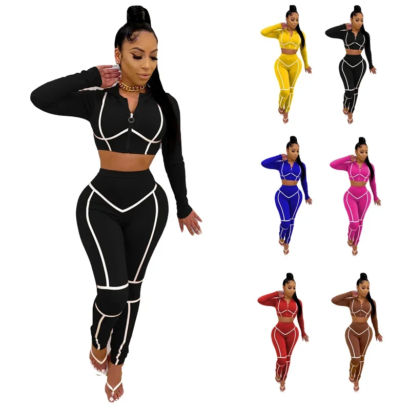 

Women Ladies Zipper Crop Top Coat Pants Suit Two Piece Set Casual Sports Wear Autumn Spring Running Jacket Elastic Waist Legging