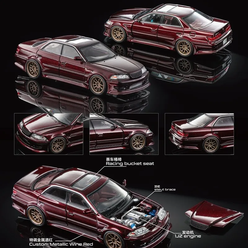 MORTAL 1/64 Diecast Toyota Mark II JZX100 JDM Sedan, 1JZ Engine Detail, Metallic Wine‑Red Collectible Model