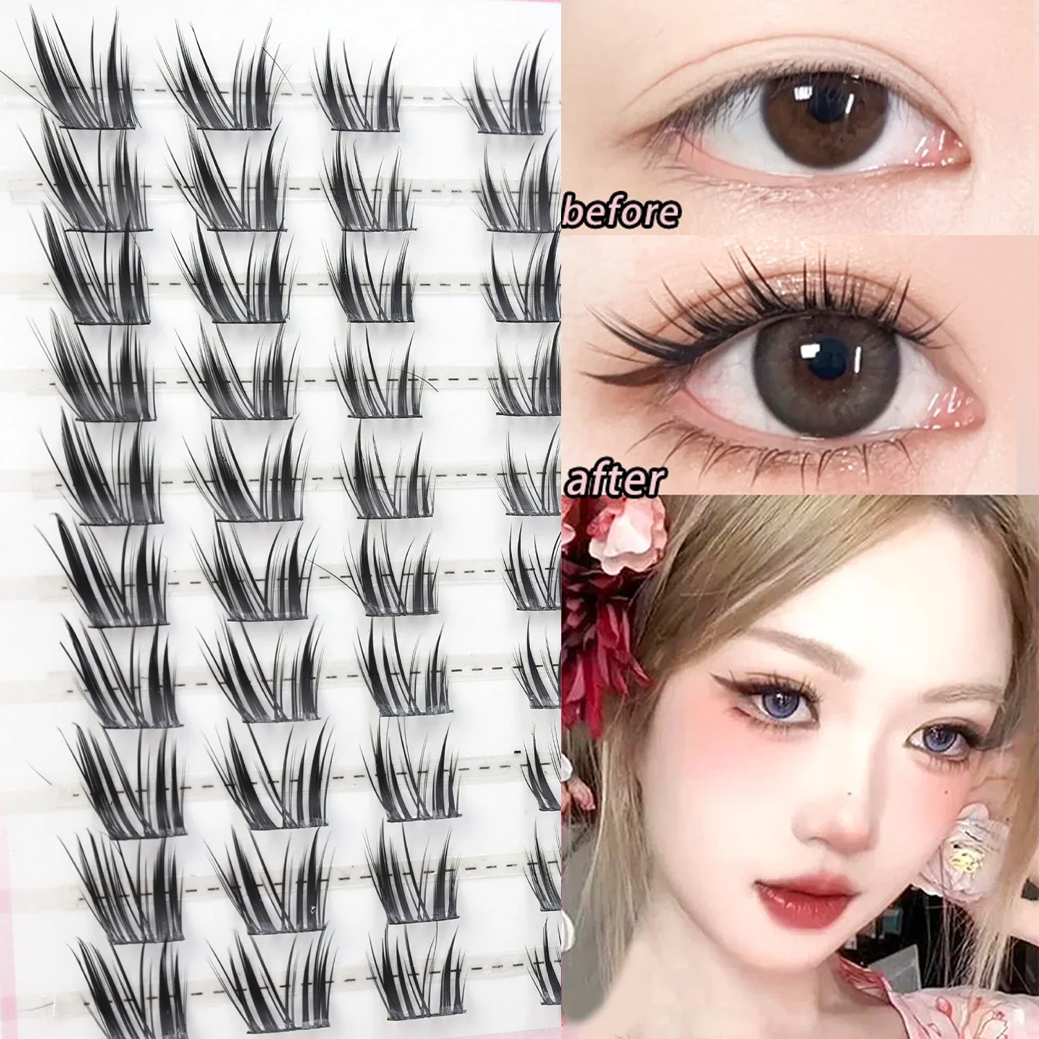 10 แถวมังงะแมวขนตาปลอม Cluster DIY ธรรมชาติไม่มีกาวขนตาทุกวันแต่งหน้า 3D Wispy Lashes Extension