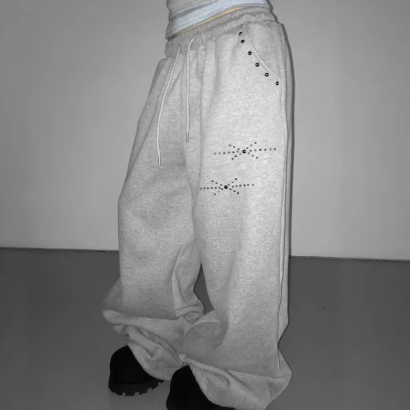 Ins Women's Rhinestone Pattern Design Sweatpants Unisex Bottoms Spring Girl Wide Leg Trousers Female High Waisted Baggy Pants
