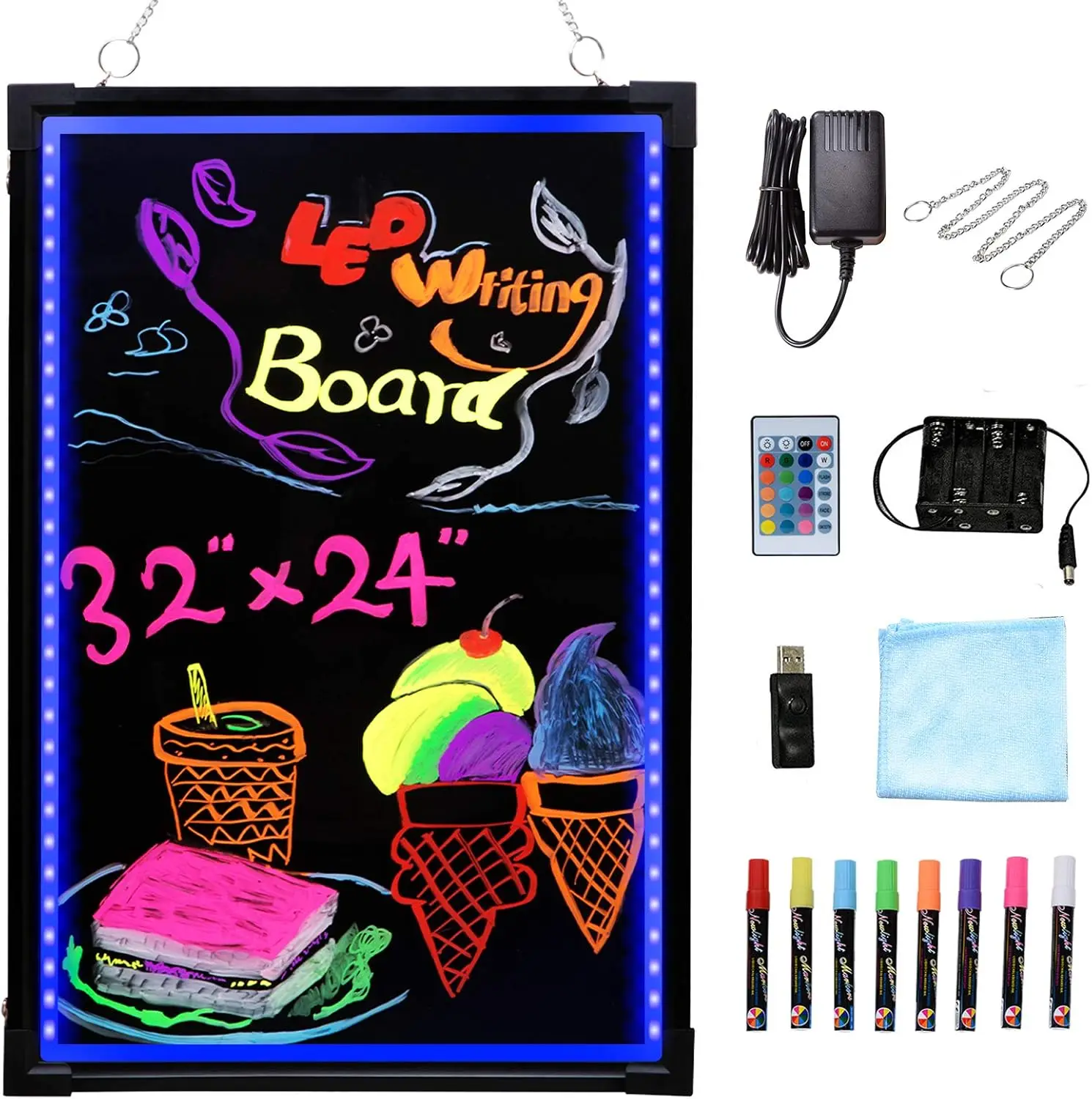 

32x24 Inch LED Message Board with Remote, 8 Colors Markers, Flashing Neon Effect for Business Signs