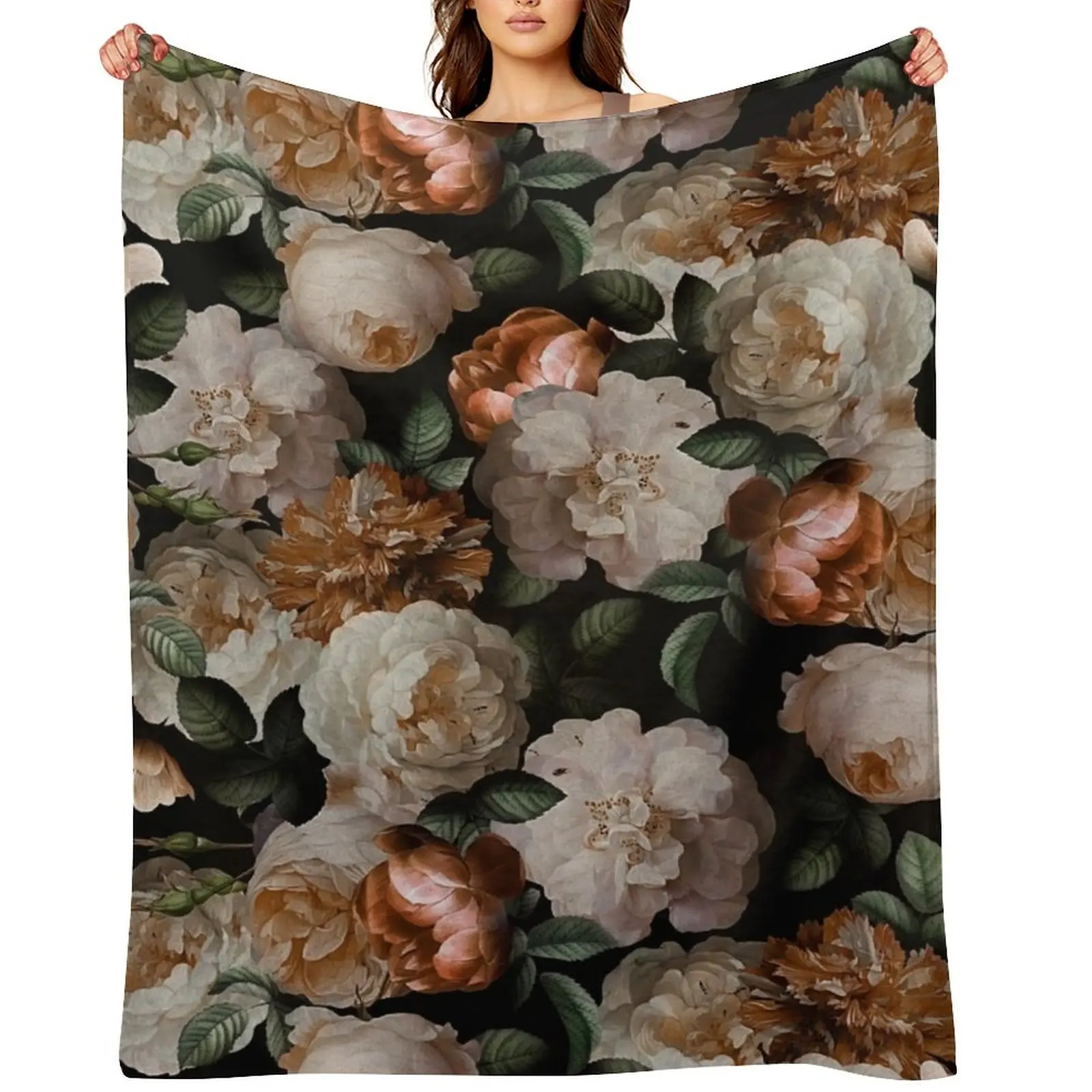 Antique Jan Davidsz. de Heem Lush Roses Flowers On Black Botanical Night GardenPattern Throw Blanket Warm Tourist Blankets