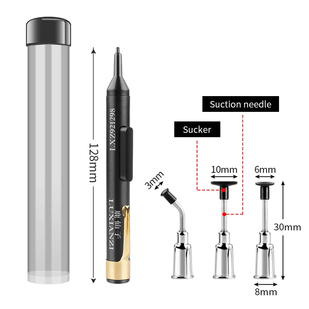 LUXIANZI Vacuum Sucking Suction Pen with 3 Sucker IC SMD Tweezers Pick Up Tool Kit Remover Sucker Pump Solder Desoldering