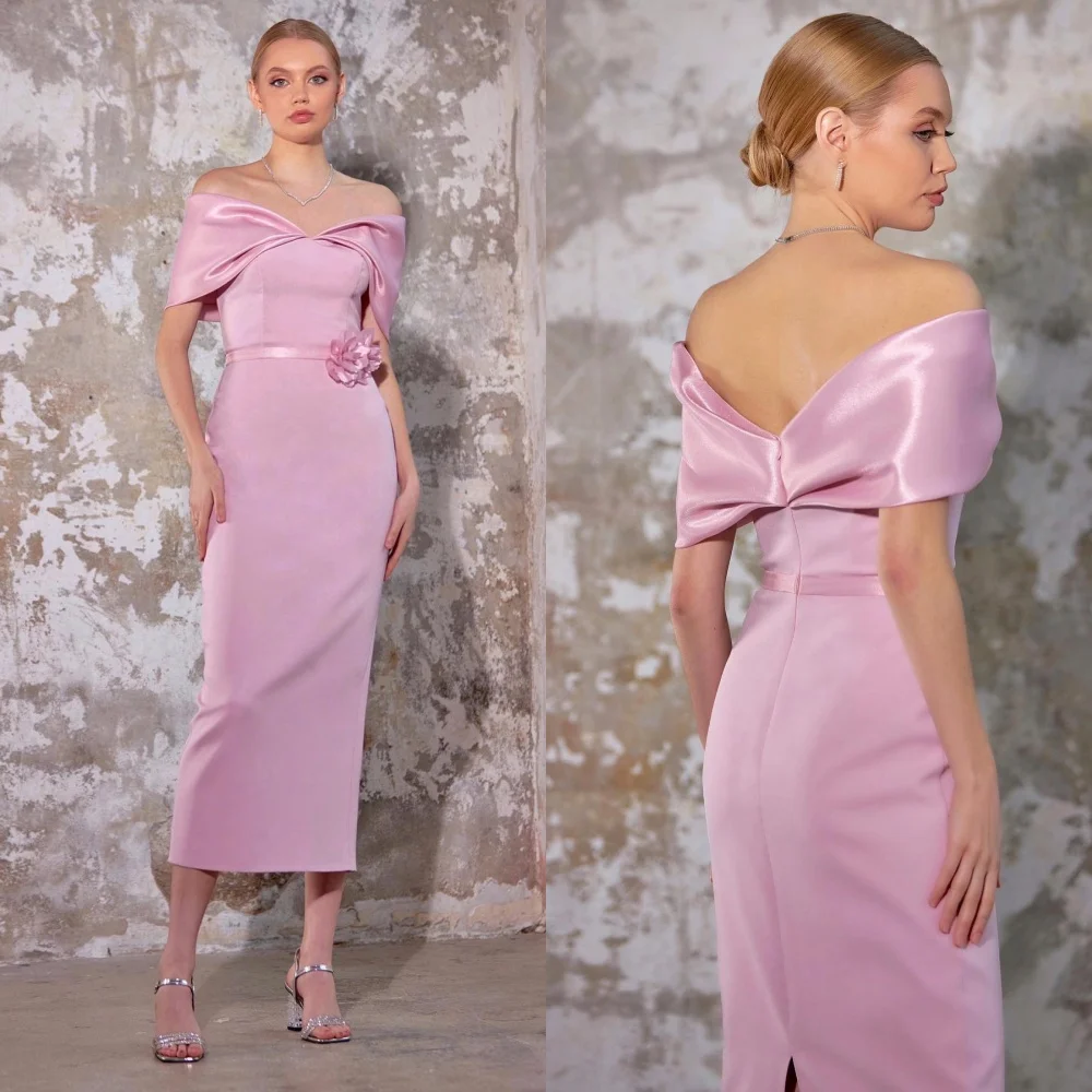 

Customized Jersey Flower Valentine's Day Column Off-the-shoulder Bespoke Occasion Gown Midi Dresses