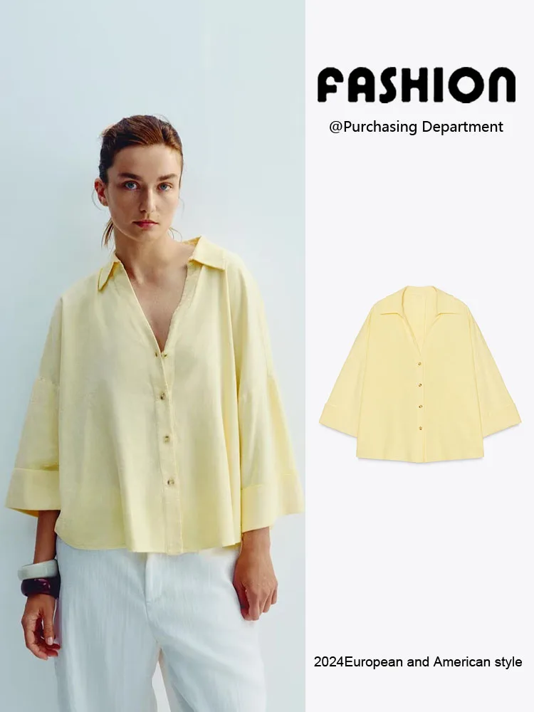 

Comfortable Casual Wide Sve irt Women's Spring New Single Button Flip Collar irt Ethnic Stage Costume Ladies Faion