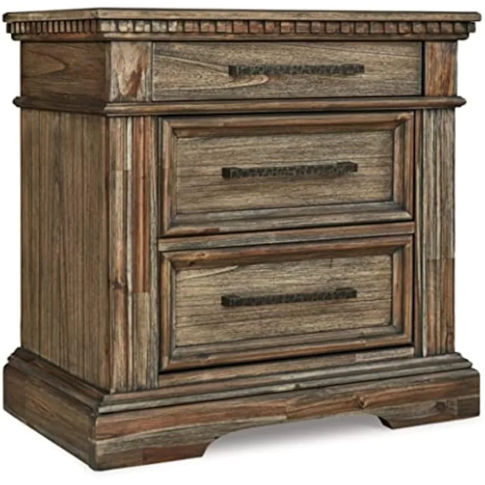 Markenburg traditional 3-drawer bedside table with USB charging port, brown and beige, can be used to decorate the living room