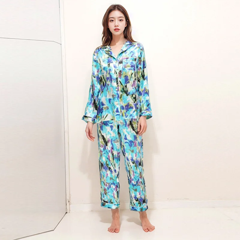 High Quality 2024 Spring and Autumn Real Silk Pajamas Women Can Wear outside Real Silkworm Suit Long Sleeve Home Wholesale