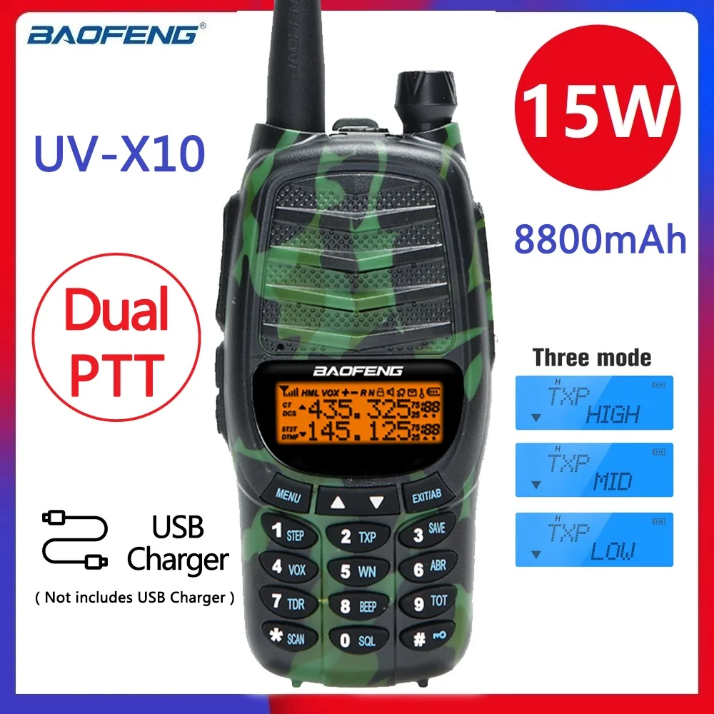 

Baofeng UV-X10 15W Walkie Talkie Long Range Tri Power Dual Band PTT USB Charger High Power 16 KM Upgrade UV-5R Ham Two Way Radio