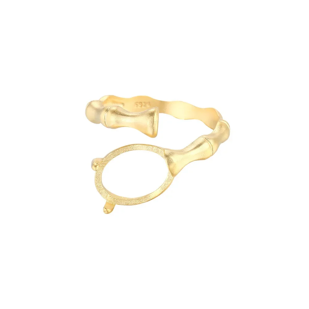 Gold Plated 925 Silver Adjustable Bamboo Style Ring Setting for 6x8mm/7x9mm/9x11mm Oval Cabochons For Jewelry Making