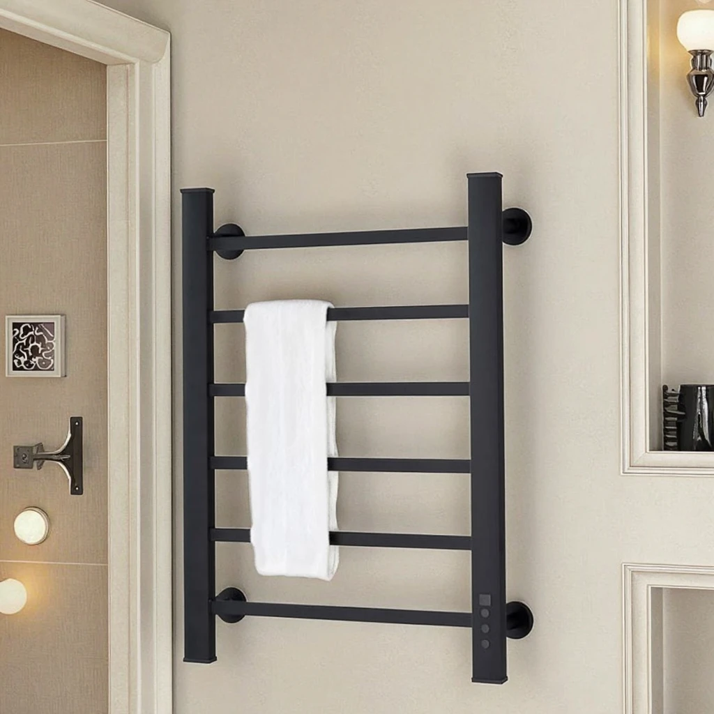 

Matt Black High Quality Aluminium Electric Heated Towel Rack Intelligent Constant Temperature Bathroom Accessories For Hotels