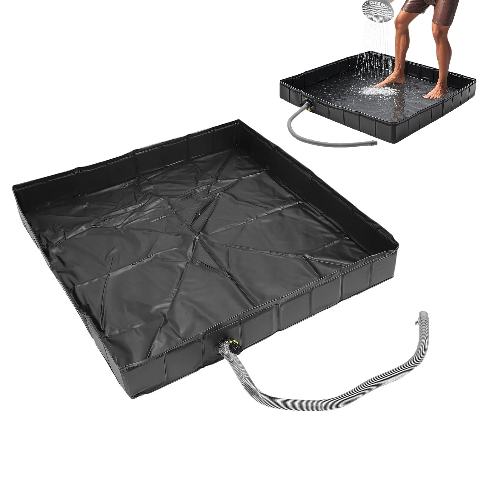 

41 X 41 X 6 Inches Portable Shower Pan with 1m Drain Pipe Outdoor Foldable Camping Shower Base Floor for RV Trailer Beach